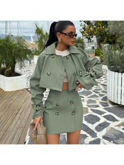 Cargo Lapel Cropped Buckle Coat Skirt Sets