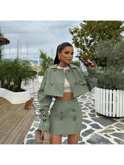 Cargo Lapel Cropped Buckle Coat Skirt Sets