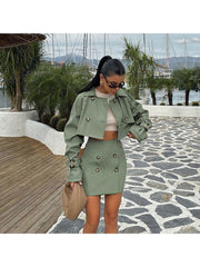 Cargo Lapel Cropped Buckle Coat Skirt Sets