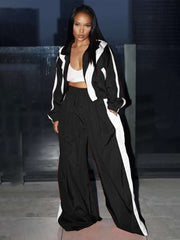 Colorblock Zipper Coat Wide Leg Pant Sets