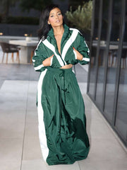 Colorblock Zipper Coat Wide Leg Pant Sets