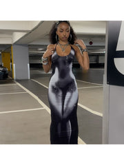 Abstract Print Halter Backless Maxi Dress