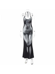 Abstract Print Halter Backless Maxi Dress