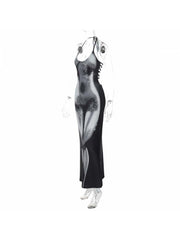 Abstract Print Halter Backless Maxi Dress