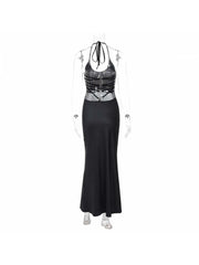 Abstract Print Halter Backless Maxi Dress