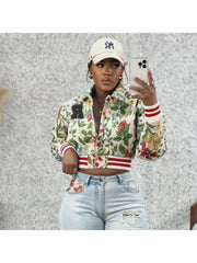 Embroidery Floral Lapel Bomber Jacket