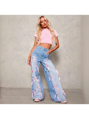 Sweet Gradient Ribbon Bow Wide Leg Jeans