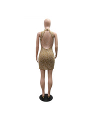 Gorgeous Hotfix Rhinestones Chain Backless Split Sleeveless Mini Dress