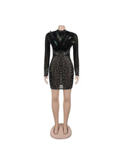 Beading Feather Sheer Rhinestones Mini Dress