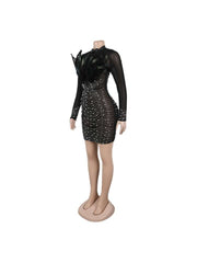 Beading Feather Sheer Rhinestones Mini Dress