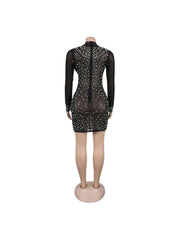 Beading Feather Sheer Rhinestones Mini Dress