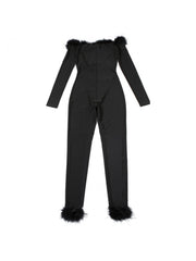 Fake Fur Hollow-out Off Shoulder Jumpsuits