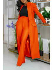 Plain Tailored Collar Long Blazers Pant Sets