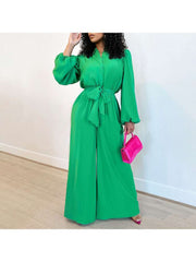 Plain Lantern Sleeve Wide Leg Jumpsuits