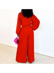 Plain Lantern Sleeve Wide Leg Jumpsuits