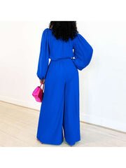 Plain Lantern Sleeve Wide Leg Jumpsuits