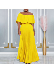 Plain Color Pleated Off Shoulder Maxi Dress