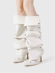 Solid Color Ruched Buckle-loop Boots