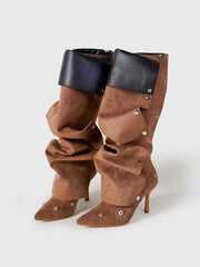 Solid Color Ruched Buckle-loop Boots