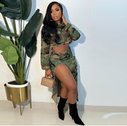Camo Bare Waist Shirt Split Hem Skirt Sets