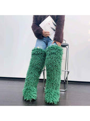 Fluffy Plain Color Fur Over-the-Knee Boots