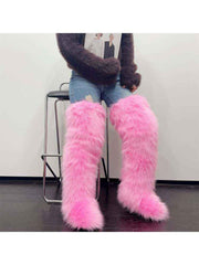 Colorblock Flat Heel Over-the-Knee Fur Boots