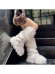 Fluffy Rivet Belt Buckle Fur Snow Boots