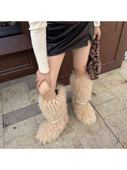 Fluffy Rivet Belt Buckle Fur Snow Boots