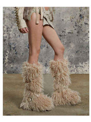 Fluffy Rivet Belt Buckle Fur Snow Boots