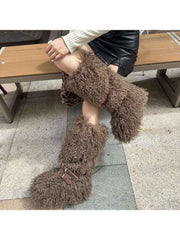 Fluffy Rivet Belt Buckle Fur Snow Boots