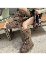 Fluffy Rivet Belt Buckle Fur Snow Boots