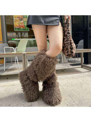 Fluffy Rivet Belt Buckle Fur Snow Boots