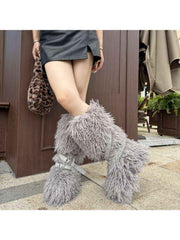 Fluffy Rivet Belt Buckle Fur Snow Boots