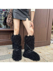Fluffy Rivet Belt Buckle Fur Snow Boots