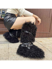 Fluffy Rivet Belt Buckle Fur Snow Boots