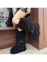 Fluffy Rivet Belt Buckle Fur Snow Boots