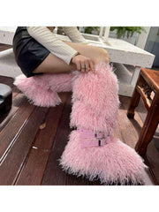 Fluffy Rivet Belt Buckle Fur Snow Boots