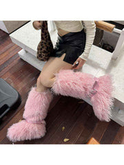 Fluffy Rivet Belt Buckle Fur Snow Boots