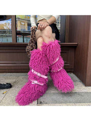 Fluffy Rivet Belt Buckle Fur Snow Boots