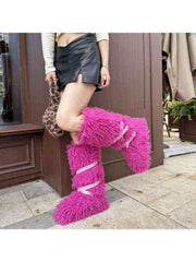 Fluffy Rivet Belt Buckle Fur Snow Boots