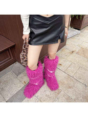 Fluffy Rivet Belt Buckle Fur Snow Boots