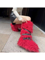 Fluffy Rivet Belt Buckle Fur Snow Boots