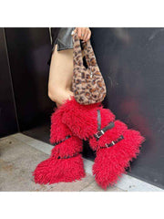 Fluffy Rivet Belt Buckle Fur Snow Boots