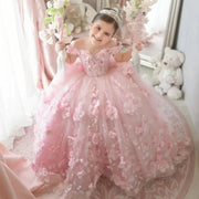 Pink Tulle Flower Girl Dress with Tailing Flowers