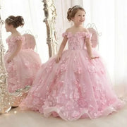 Pink Tulle Flower Girl Dress with Tailing Flowers