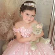 Pink Tulle Flower Girl Dress with Tailing Flowers