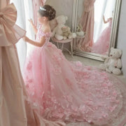 Pink Tulle Flower Girl Dress with Tailing Flowers