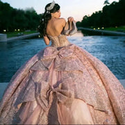 Pink Shiny Off-Shoulder Quinceañera Gown