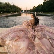 Pink Shiny Off-Shoulder Quinceañera Gown