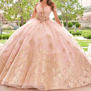 Pink Sweetheart Quinceañera Ball Gown with Gold Appliques